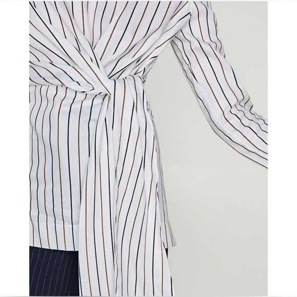 Zara Cotton Poplin Striped Bow Long Sleeve Tunic Top - Picture 3 of 15
